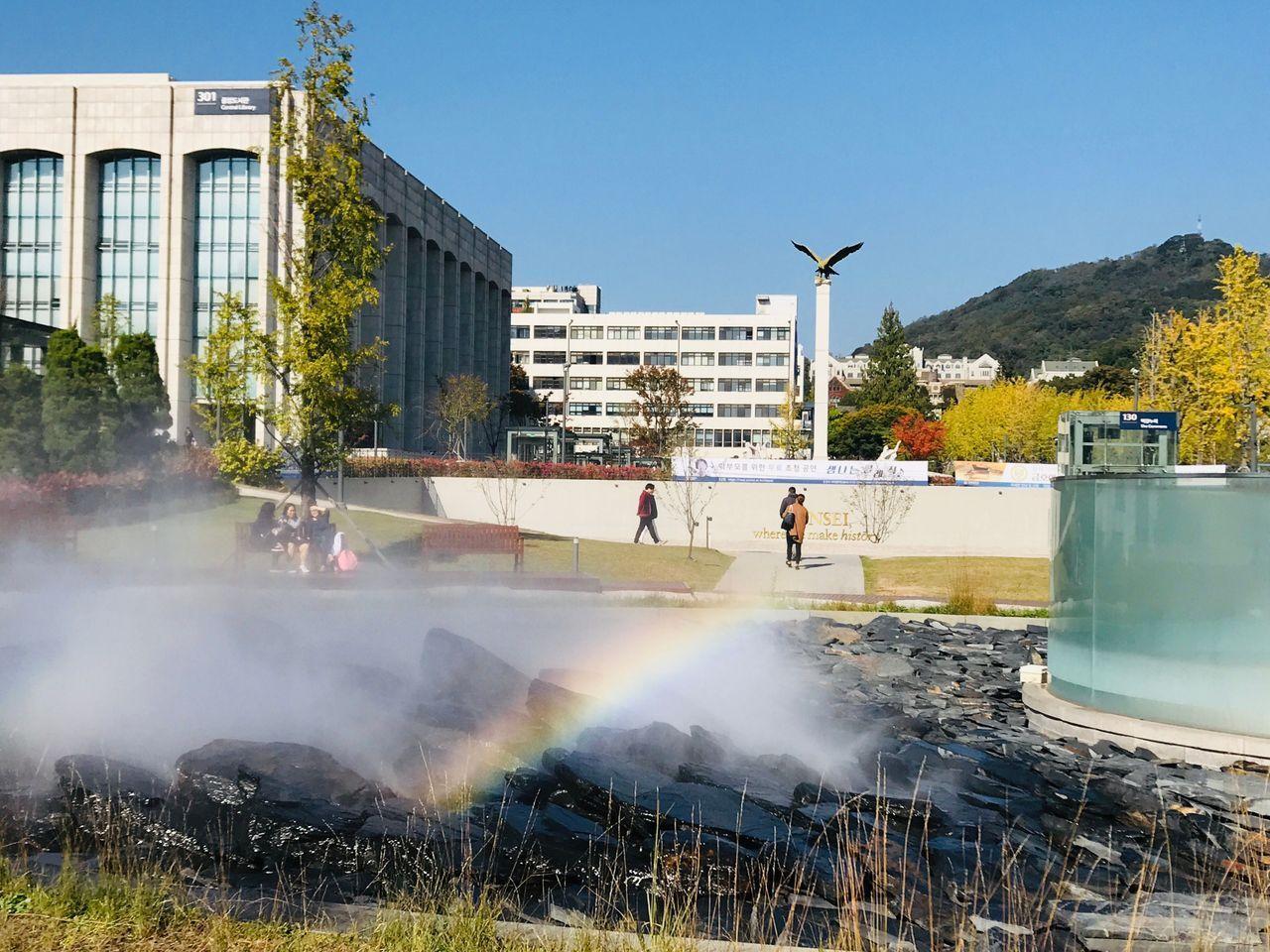 延世大学的喷水池，这里经常是学生拍照和休息的聚集地。